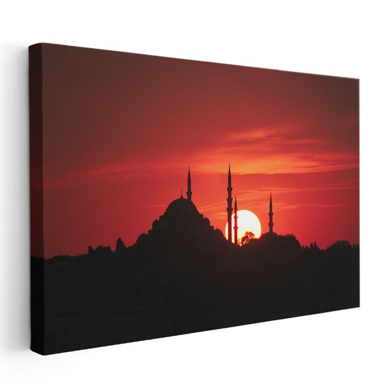 Süleymaniye Silüeti - Kırmızı Gün Batımında Cami Kanvas Tablo