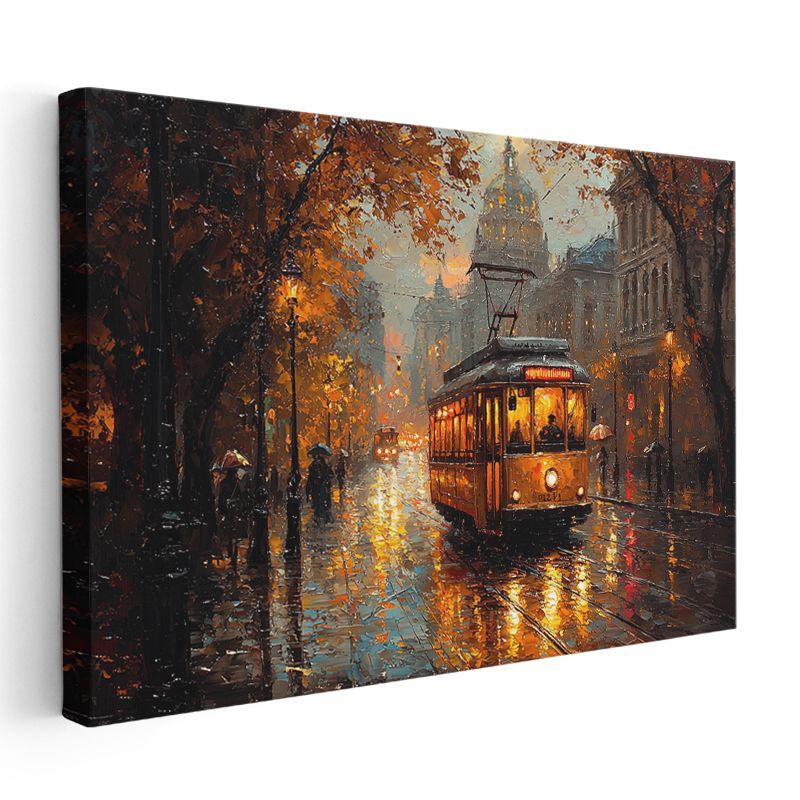 Sonbahar Tramvayı - Yağmurlu Akşamda Işıklı Sokak Kanvas Tablo