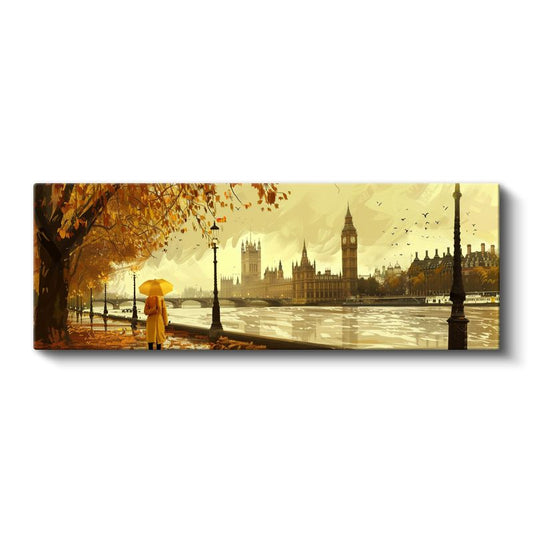 Westminster Manzarası - Sarı Şemsiyeli Sonbahar Kanvas Tablo