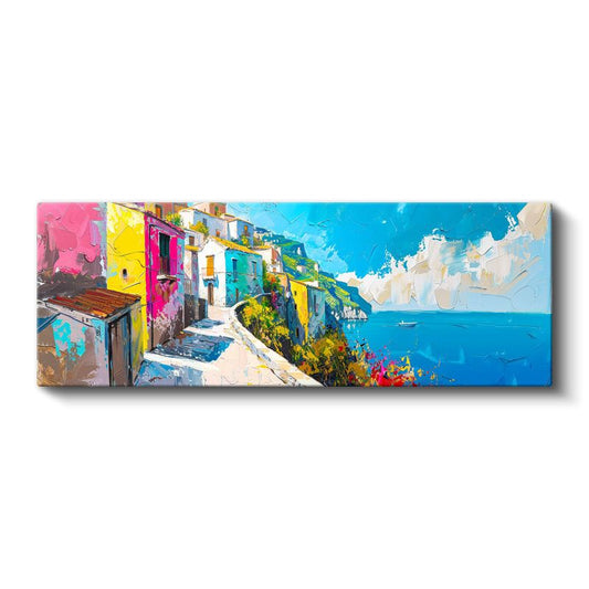Renkli Sahil Sokağı - Mavi Deniz Manzarası Kanvas Tablo
