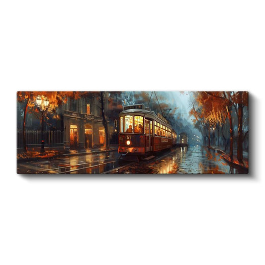 Şehir Tramvayı - Yağmurlu Cadde Işıkları Kanvas Tablo
