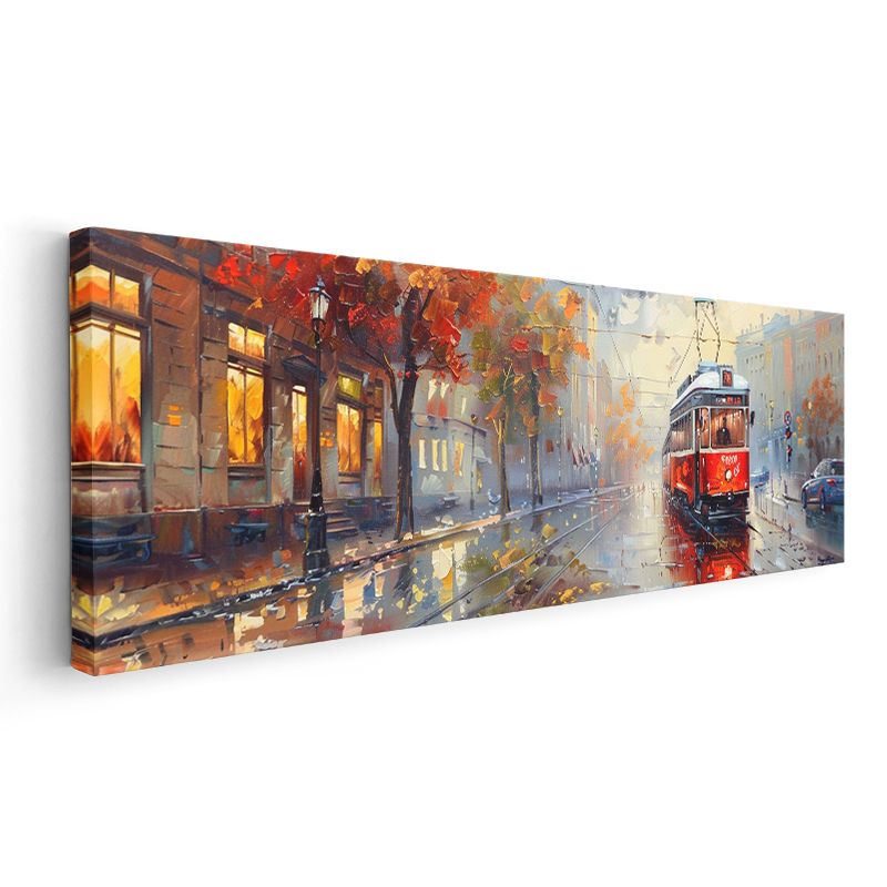 Sonbahar Tramvayı - Işıklı Cadde Yansımaları Kanvas Tablo