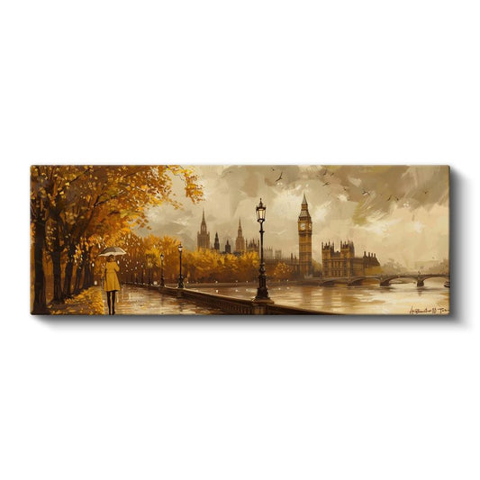 Londra Sonbaharı - Sarı Şemsiyeli Thames Yürüyüşü Kanvas Tablo