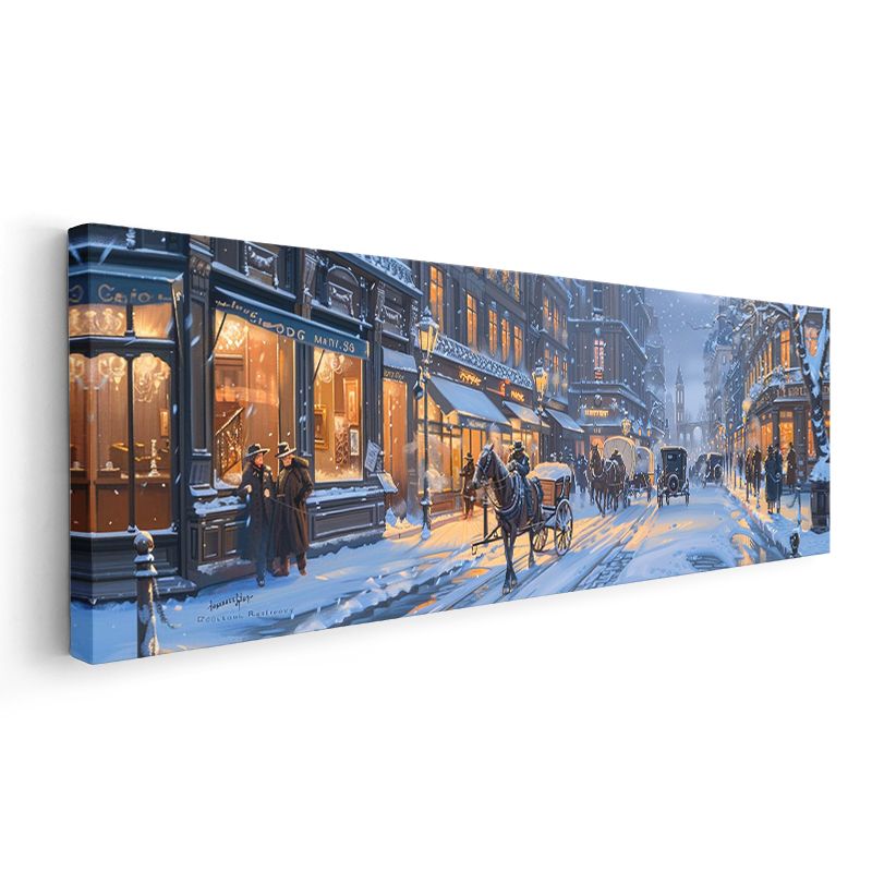 Kış Sokağı - Atlı Arabalar ve Işıklı Dükkanlar Kanvas Tablo