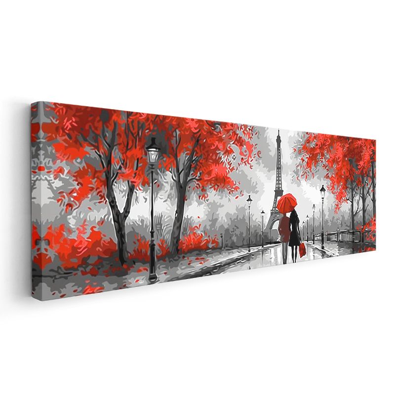 Kırmızı Paris - Şemsiyeli Çift ve Eyfel Kanvas Tablo