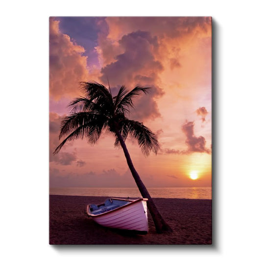 Romantik Sahil - Gün Batımında Tekne ve Palmiye Kanvas Tablo