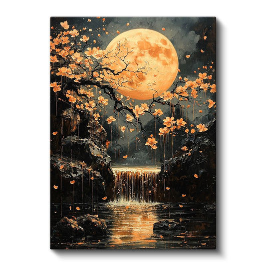 Turuncu Ay - Çiçekli Şelale ve Mistik Işık Kanvas Tablo