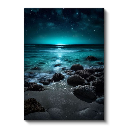 Yıldızlı Sahil - Turkuaz Gece Deniz Manzarası Kanvas Tablo