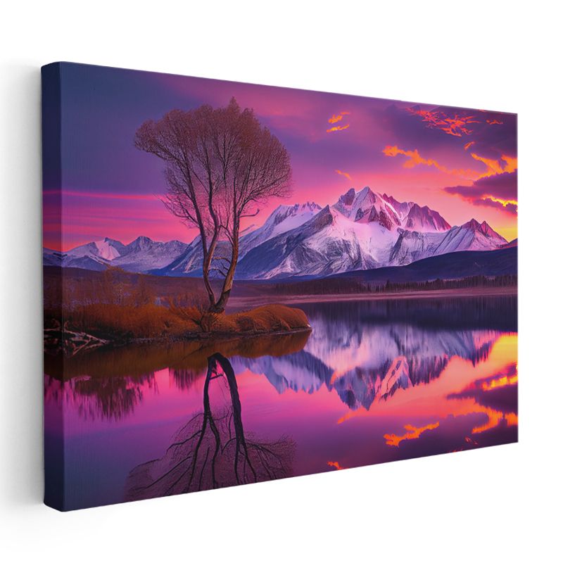 Alev Gökyüzü - Mor Tonlarda Gün Batımı ve Dağ Silüeti Kanvas Tablo