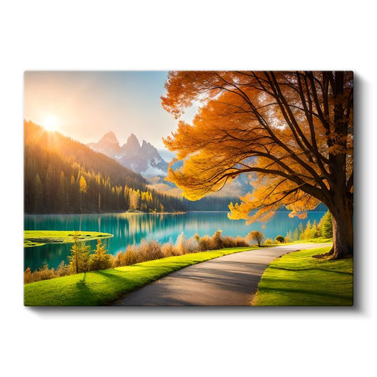 Sonbahar Gölü - Turkuaz Sular ve Altın Yapraklar Kanvas Tablo