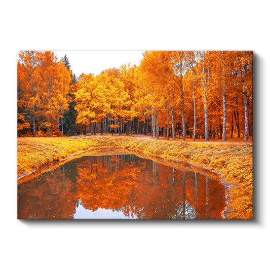 Turuncu Yansımalar - Sonbahar Gölet Manzarası Kanvas Tablo