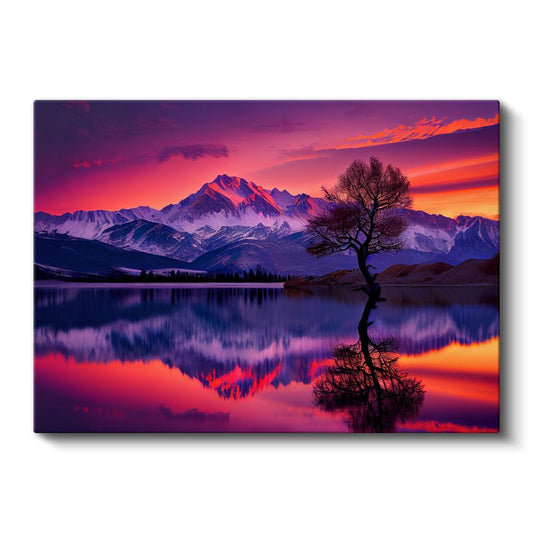 Alacakaranlık Dağları - Mor Gökyüzü Altında Yalnız Ağaç Kanvas Tablo