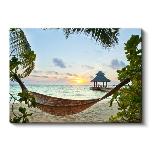 Tropikal Cennet - Hamak ve Gün Batımında Sahil Kanvas Tablo