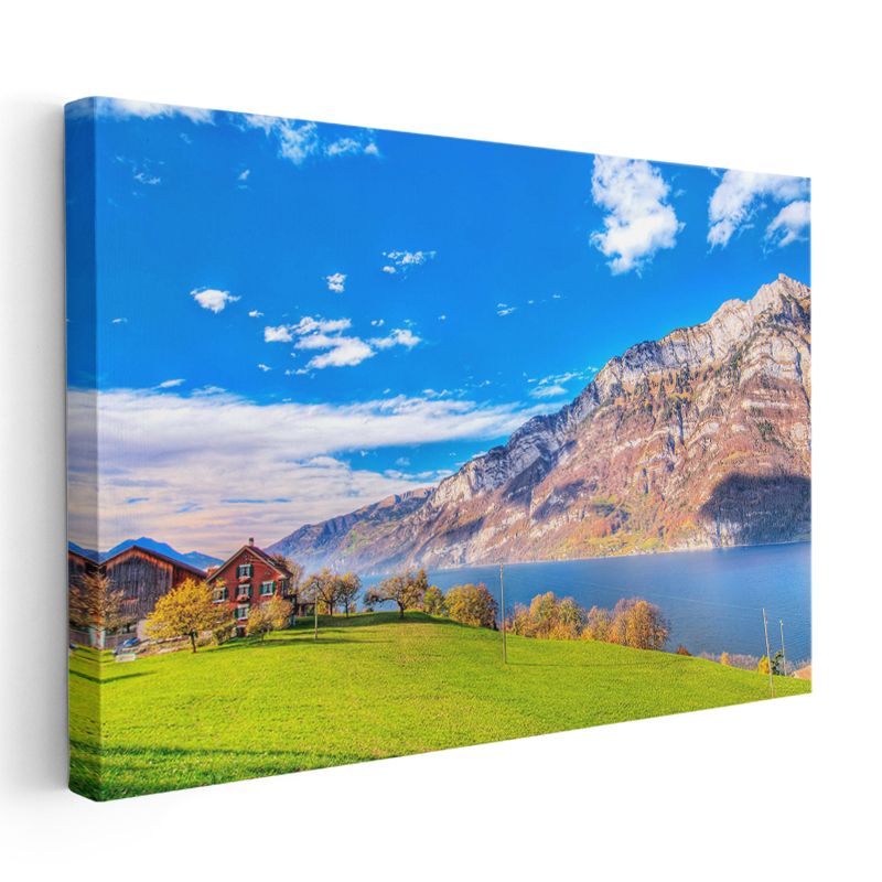 Alp Dağları - Göl Kenarında Huzur Dolu Yeşil Vadi Kanvas Tablo