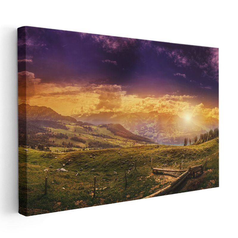 Alp Manzarası - Mor ve Altın Tonlarında Büyüleyici Gün Batımı Kanvas Tablo