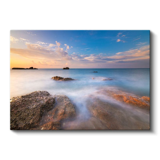 Sakin Deniz - Gün Batımında Kayalıklar Arasında Kanvas Tablo