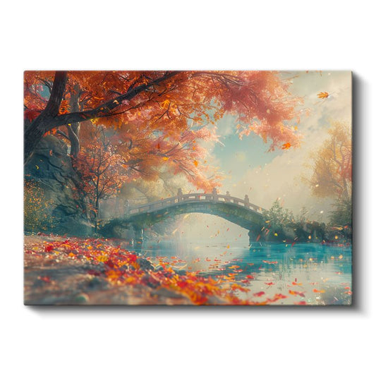 Sonbahar Köprüsü - Kızıl Yapraklar ve Durgun Göl Kanvas Tablo