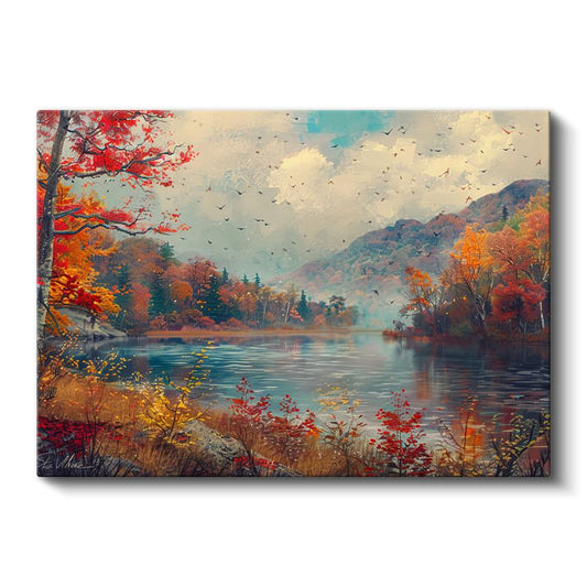 Sonbahar Gölü - Kızıl Orman Manzarası Kanvas Tablo