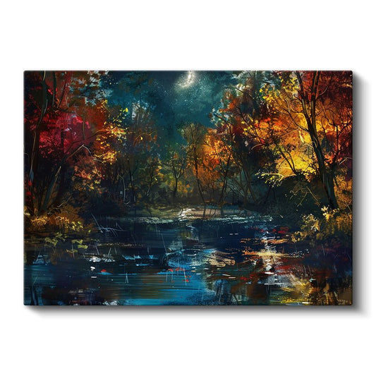 Sonbahar Ormanı - Yıldızlı Gökyüzü Altında Huzur Veren Göl Manzarası Kanvas Tablo