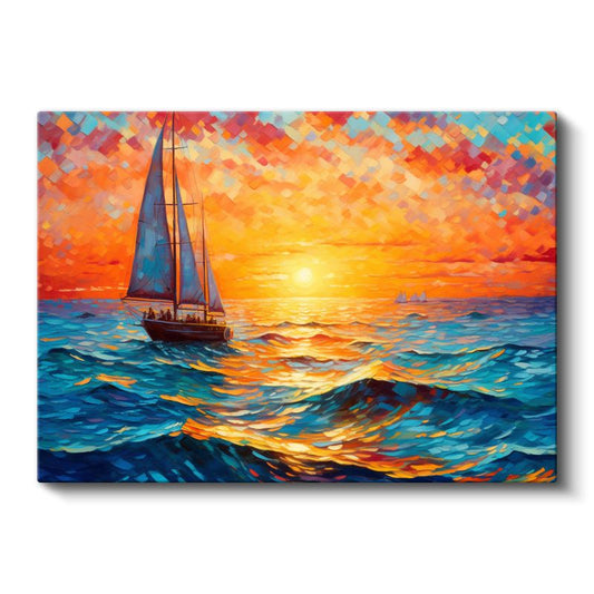 Yelkenli Tekne - Altın Gün Batımında Deniz Yolculuğu Kanvas Tablo