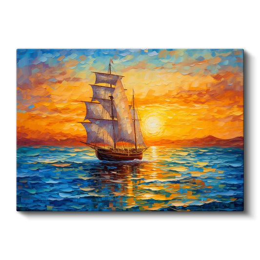 Yelkenli Gemi - Turuncu Ufukta Deniz Seyahati Kanvas Tablo