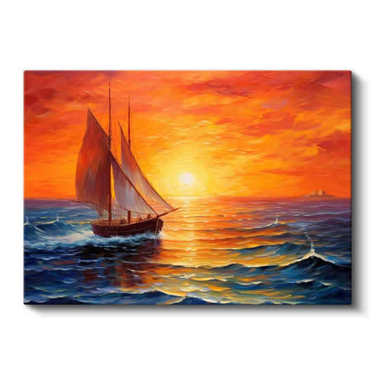 Yelkenli Gemi - Ateş Renkli Ufukta Dalgalı Deniz Kanvas Tablo