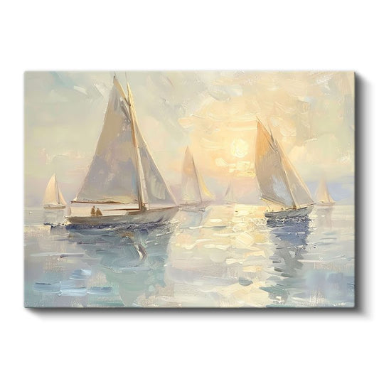 Yelkenliler - Sisli Sabahta Sakin Deniz Yolculuğu Kanvas Tablo