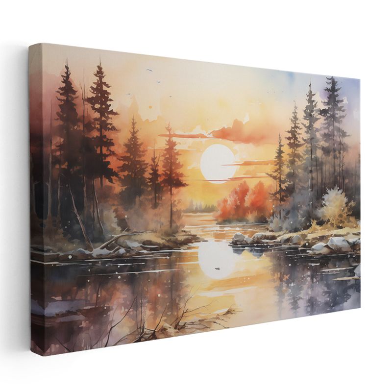 Alev Rengi Gün Batımı - Çam Ormanı ve Huzurlu Göl Yansıması Kanvas Tablo