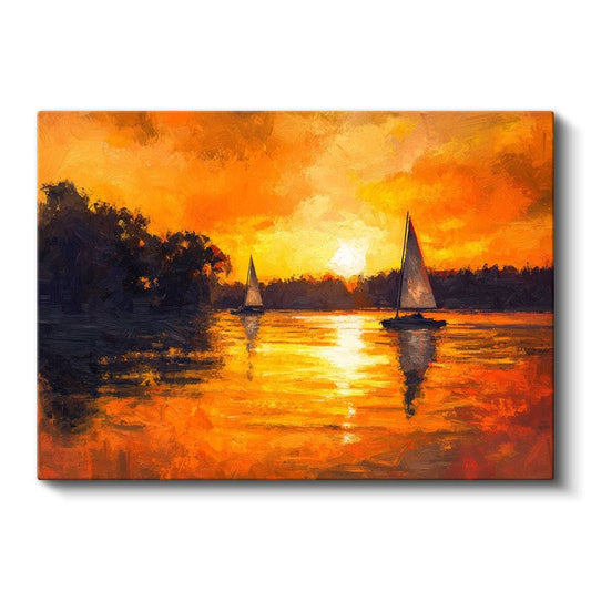Yelkenliler - Turuncu Gün Batımında Göl Manzarası Kanvas Tablo