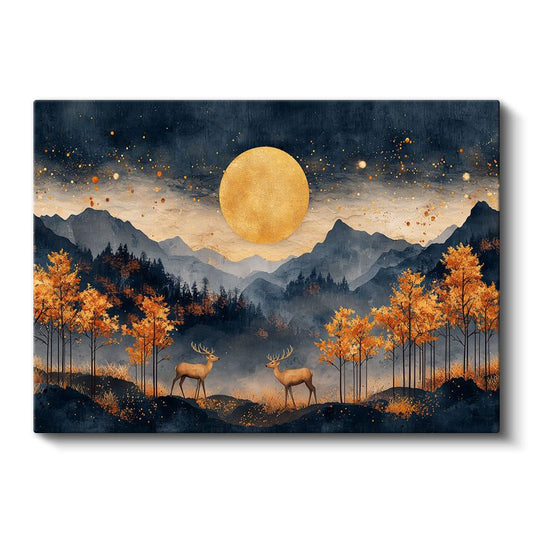 Altın Ay Manzarası - Geyiklerin Sisli Dağ Ormanında Buluşması Kanvas Tablo