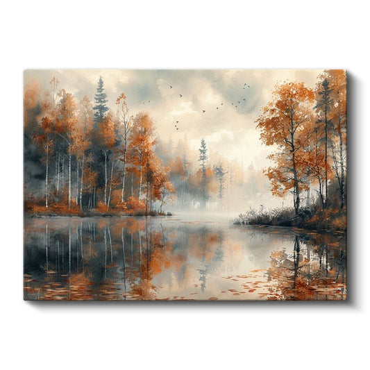 Sonbahar Gölü - Turuncu Orman Yansıması Kanvas Tablo