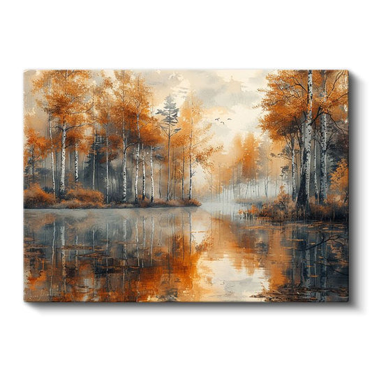 Sonbahar Ormanı - Göl Kenarında Turuncu Ağaçlar Kanvas Tablo