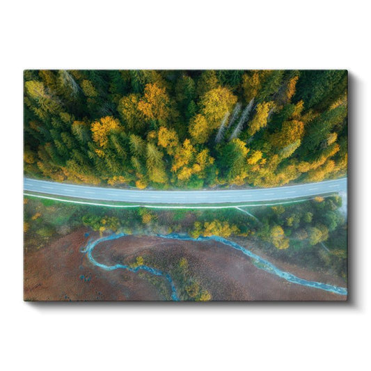 Sonbahar Manzarası - Havadan Görünen Altın Sarısı Orman ve Mavi Nehir Kanvas Tablo