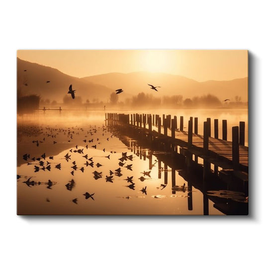 Altın Göl - Gün Batımında İskele ve Kuşlar Kanvas Tablo
