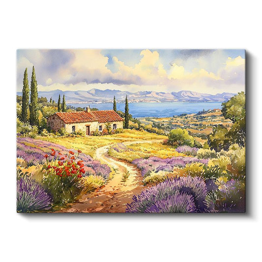 Akdeniz Çiftliği - Lavanta Tarlaları ve Deniz Manzaralı Kır Evi Kanvas Tablo