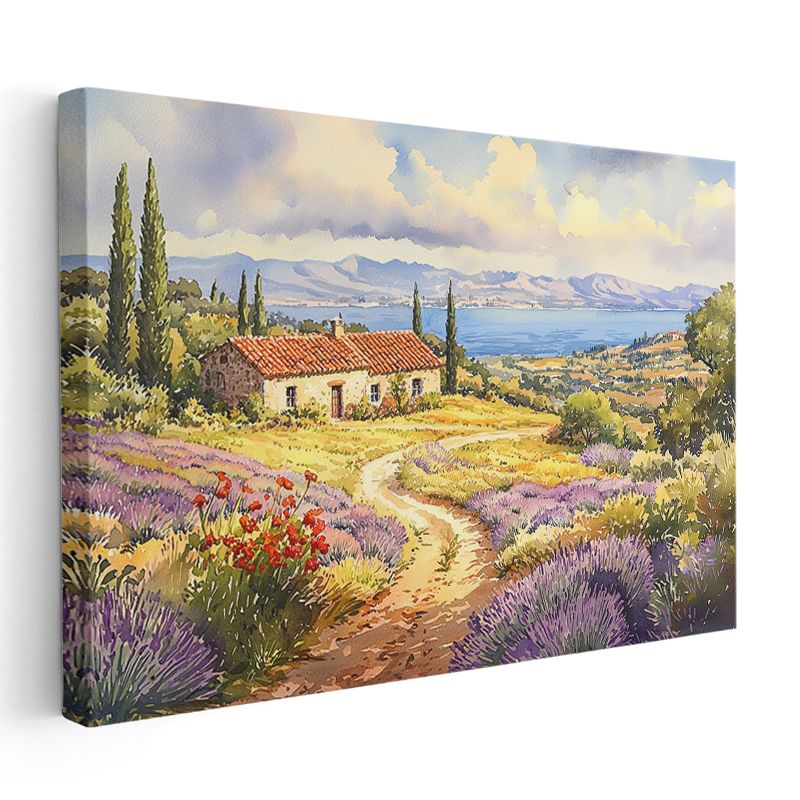 Akdeniz Çiftliği - Lavanta Tarlaları ve Deniz Manzaralı Kır Evi Kanvas Tablo