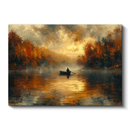 Sonbahar Gölü - Altın Işıklar Altında Yalnız Kayıkçı Kanvas Tablo