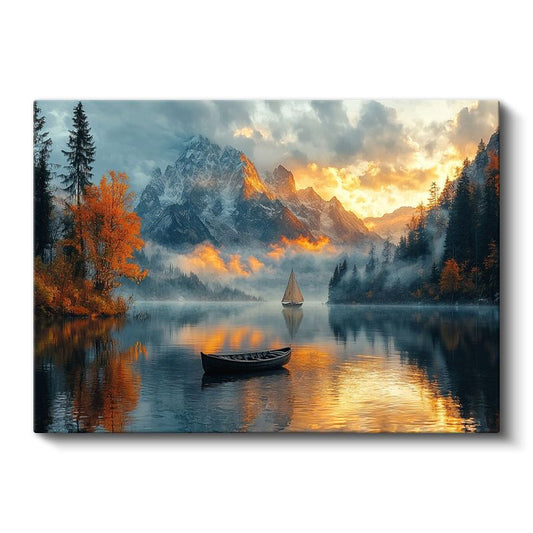 Dağ Gölü Manzarası - Sonbahar Işığında Tekne Yolculuğu Kanvas Tablo