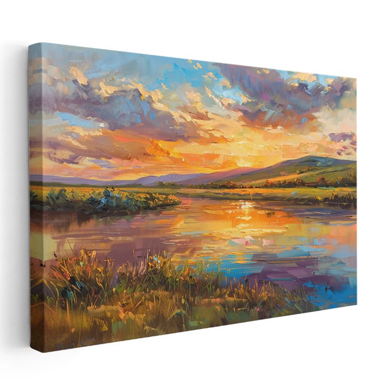 Alacakaranlık Manzarası - Göl Üzerinde Yansıyan Gün Batımı Renkleri Kanvas Tablo