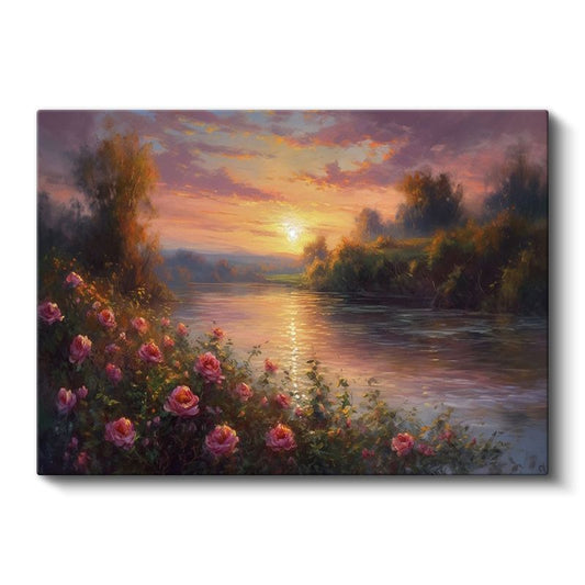 Gül Bahçesi - Altın Gün Batımında Nehir Kıyısı Kanvas Tablo