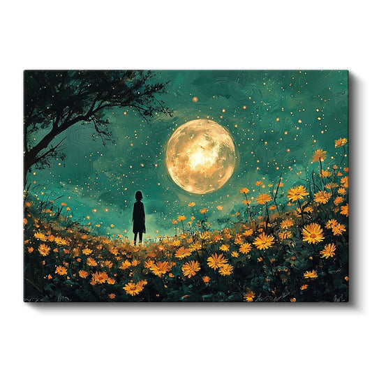 Ayışığı - Sarı Çiçekler Arasında Büyülü Gece Kanvas Tablo