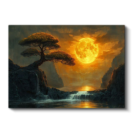 Dolunay - Kayalıklar Arasında Yalnız Ağaç Kanvas Tablo
