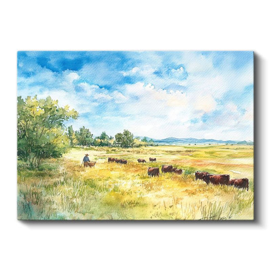 Çiftlik Manzarası - Altın Sarısı Çayırda Otlayan Sığırlar Kanvas Tablo