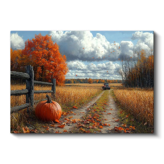 Sonbahar Yolu - Turuncu Yapraklı Ağaçlar ve Balkabağı Kanvas Tablo