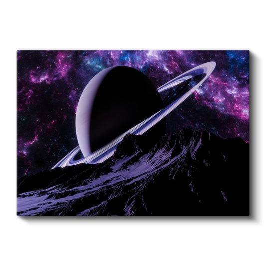 Satürn Manzarası - Mor Gökyüzünde Halkalı Gezegen Kanvas Tablo