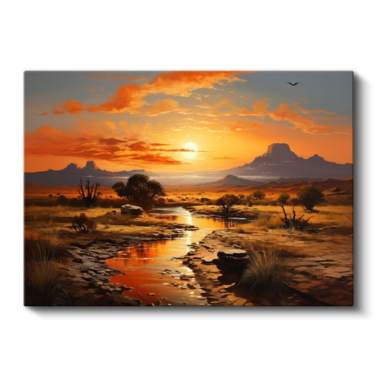 Çöl Vadisi - Turuncu Gün Batımında Akan Dere Kanvas Tablo