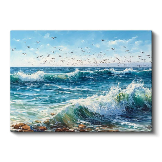 Dalgaların Dansı - Martıların Eşlik Ettiği Köpüklü Deniz Kanvas Tablo