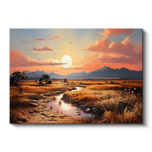 Altın Savana - Gün Batımında Irmak Kenarı Manzarası Kanvas Tablo