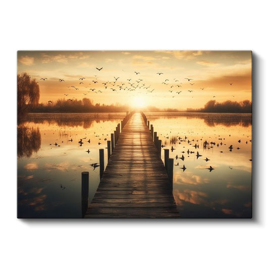 Altın İskele - Gün Batımında Kuşların Göçü Kanvas Tablo