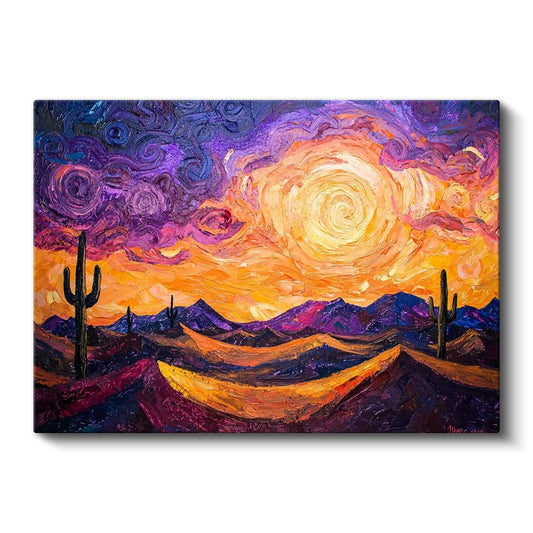 Çöl Günbatımı - Renkli Gökyüzü Altında Kaktüsler Kanvas Tablo